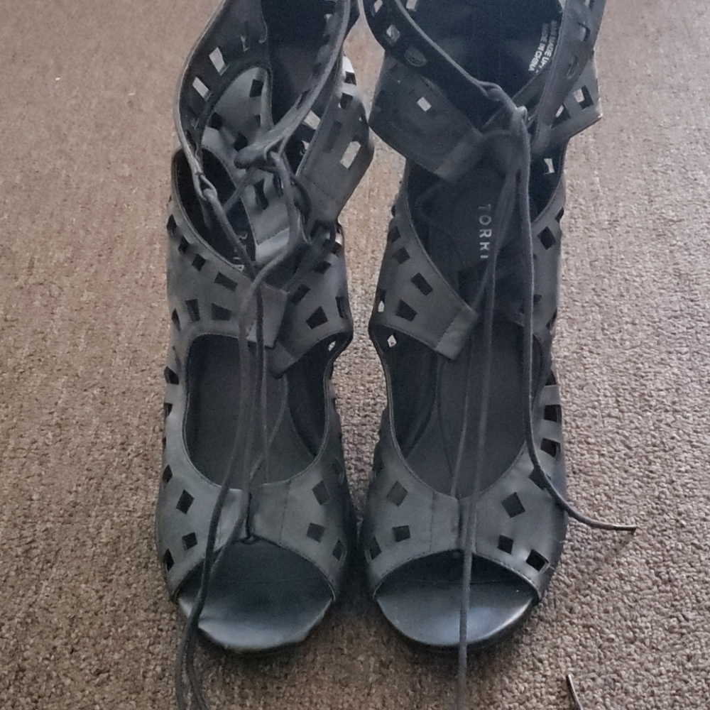 Open Toe Black Leather high heel